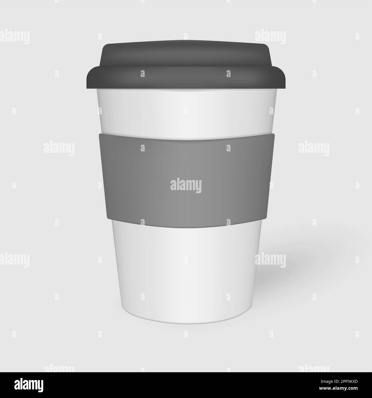 Tazza da caffè bianca con coperchio nero e custodia protettiva, modello. Tazza ecologica da viaggio, mockup. Modello vettore Illustrazione Vettoriale