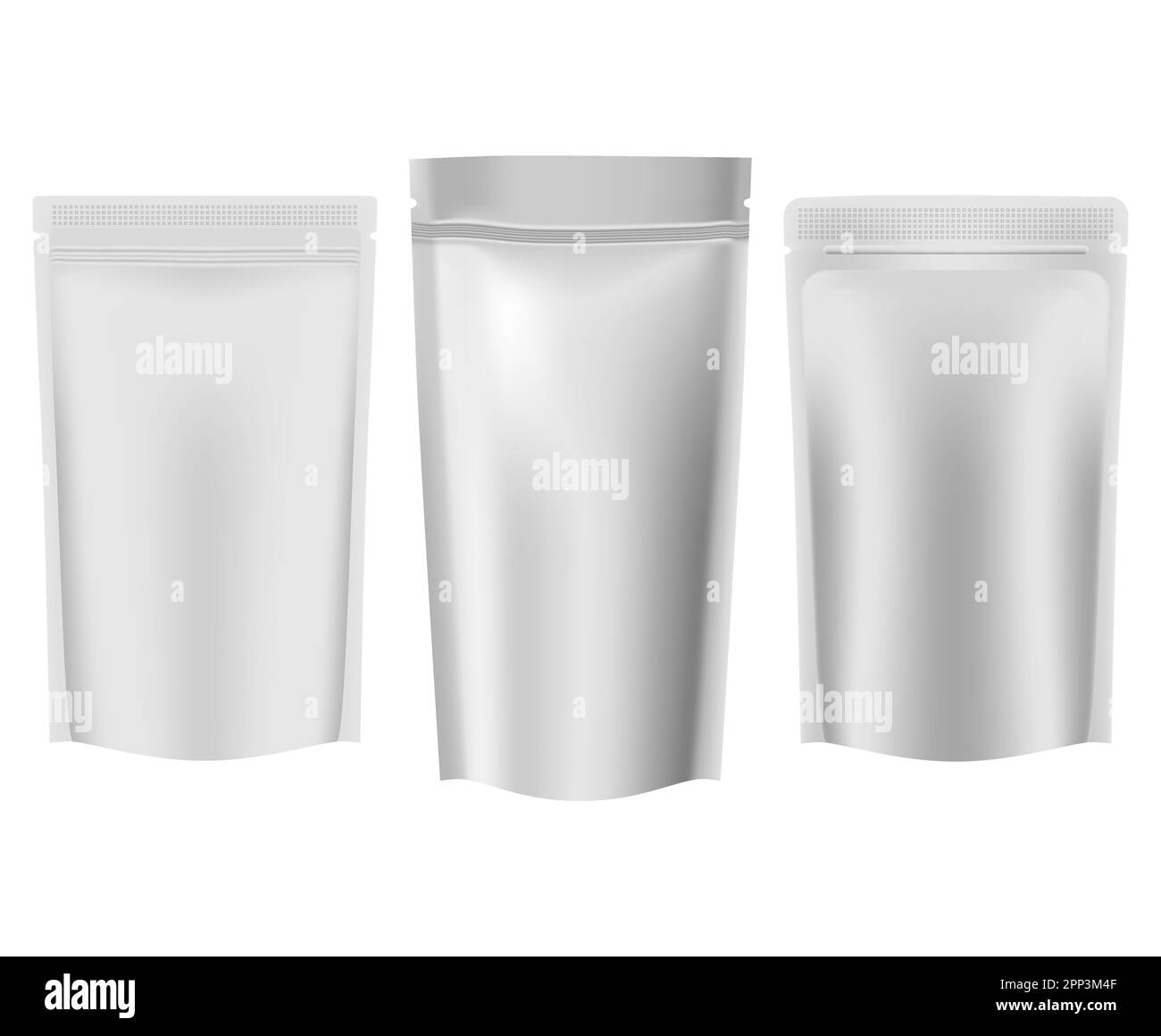 Buste a vuoto stand-up, set di simulazione vettoriale. Sacchetti per la conservazione degli alimenti, modello Illustrazione Vettoriale