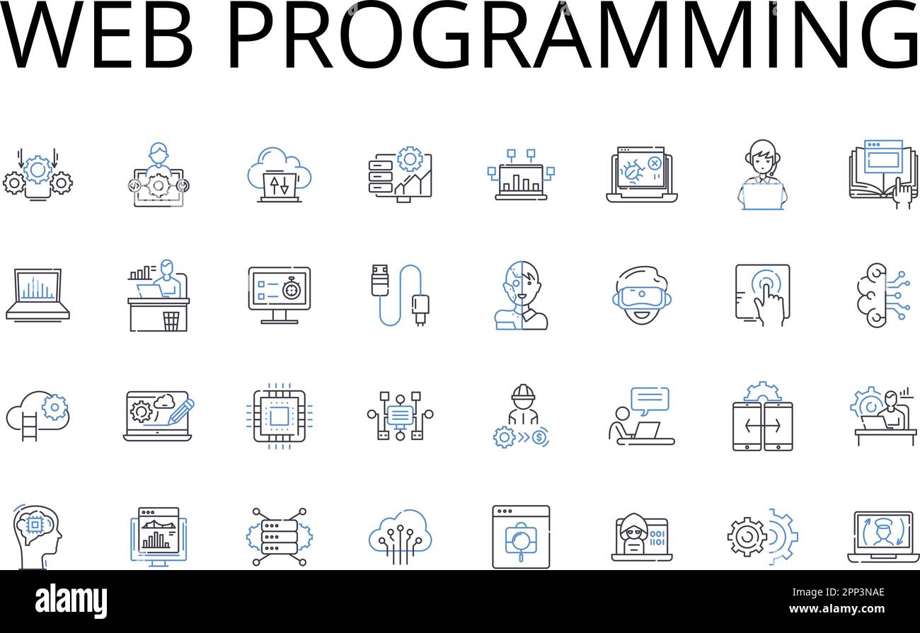Raccolta di icone della riga di programmazione Web. Sviluppo mobile, progettazione di videogame, analisi dei dati, progettazione grafica, interfaccia utente, Design front-end, back-end Illustrazione Vettoriale