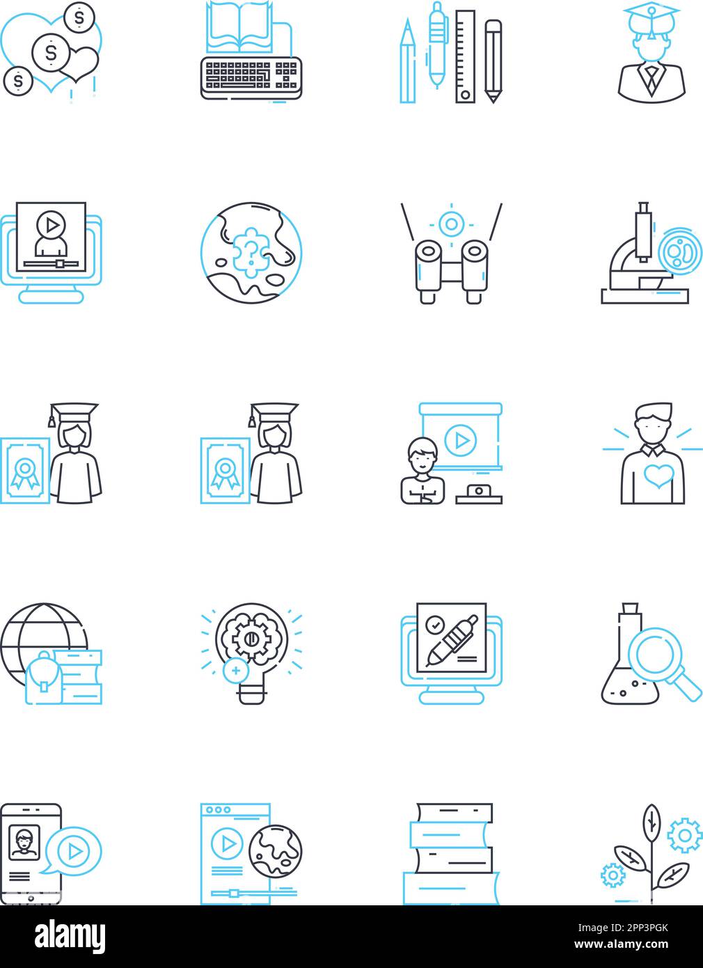 Set di icone lineari per l'apprendimento basato sul Web. E-Learning, Podcasting, formazione online, aula virtuale, apprendimento misto, Webinar, vettore di linea di Gamification Illustrazione Vettoriale