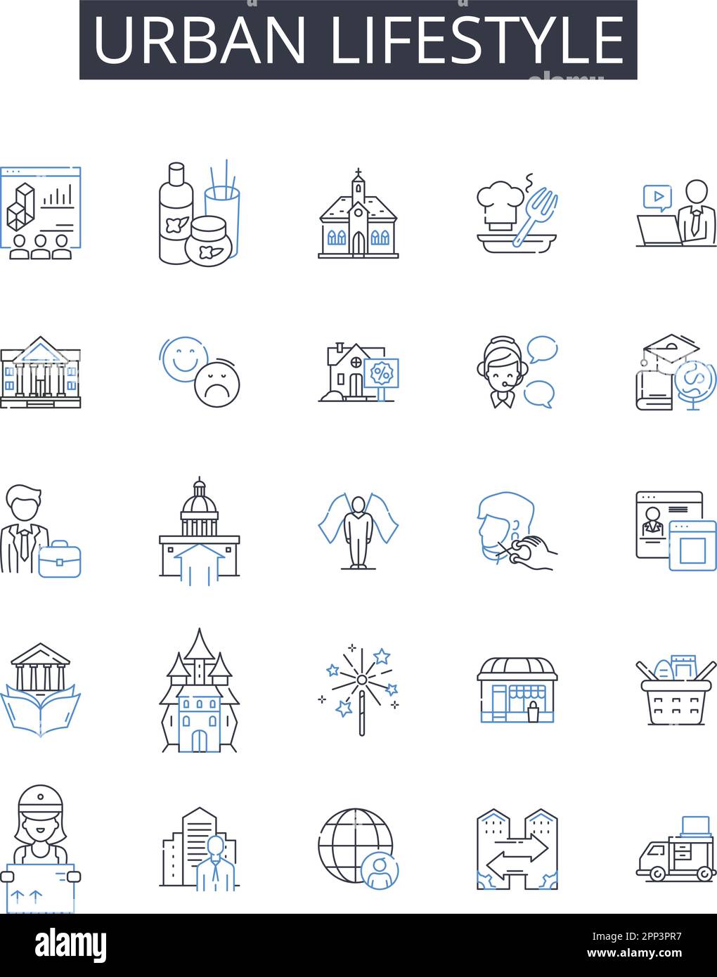 Collezione icone linea stile di vita urbano. Vita rurale, atmosfera cosmopolita, cultura metropolitana, routine veloce, esistenza moderna, Contemporaneo Illustrazione Vettoriale