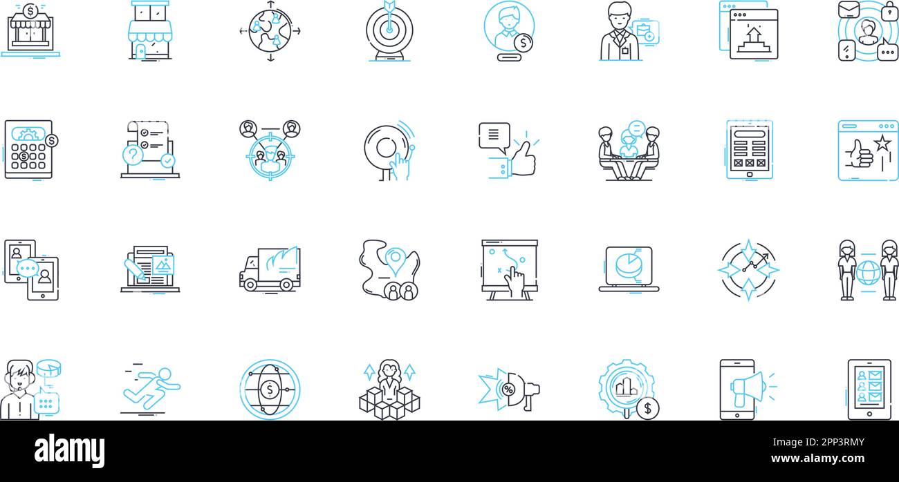 Strategia pubblicitaria icone lineari set. Branding, segmentazione del mercato, destinatari, Campagna, Creative, Comportamento del consumatore, vettore linea di posizionamento Illustrazione Vettoriale