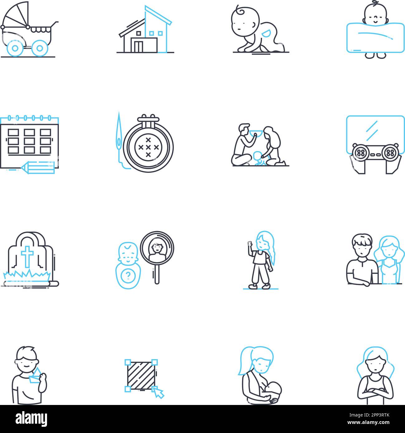 Icone lineari per neonati impostate. Cudly, minuscolo, Innocenzo, adorabile, Sleepy, Segnali vettoriali e concettuali delicati e di linea tenera. Neonato,fragile,contorno gorgogliante Illustrazione Vettoriale