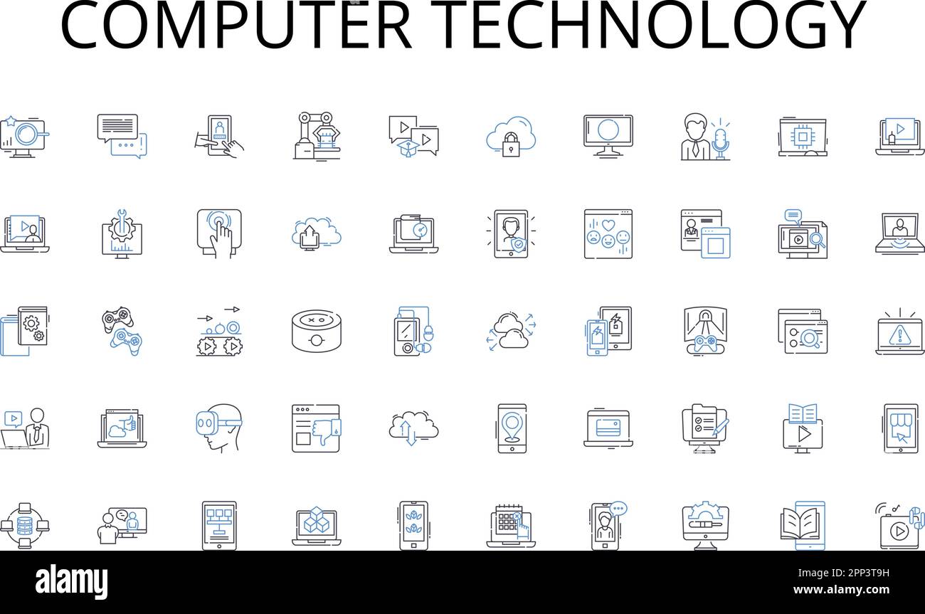 Collezione di icone della linea di tecnologia informatica. Adtech, PPC, impressioni, programmatic, Clicks, Conversione, vettore CPM e illustrazione lineare. ROI Illustrazione Vettoriale