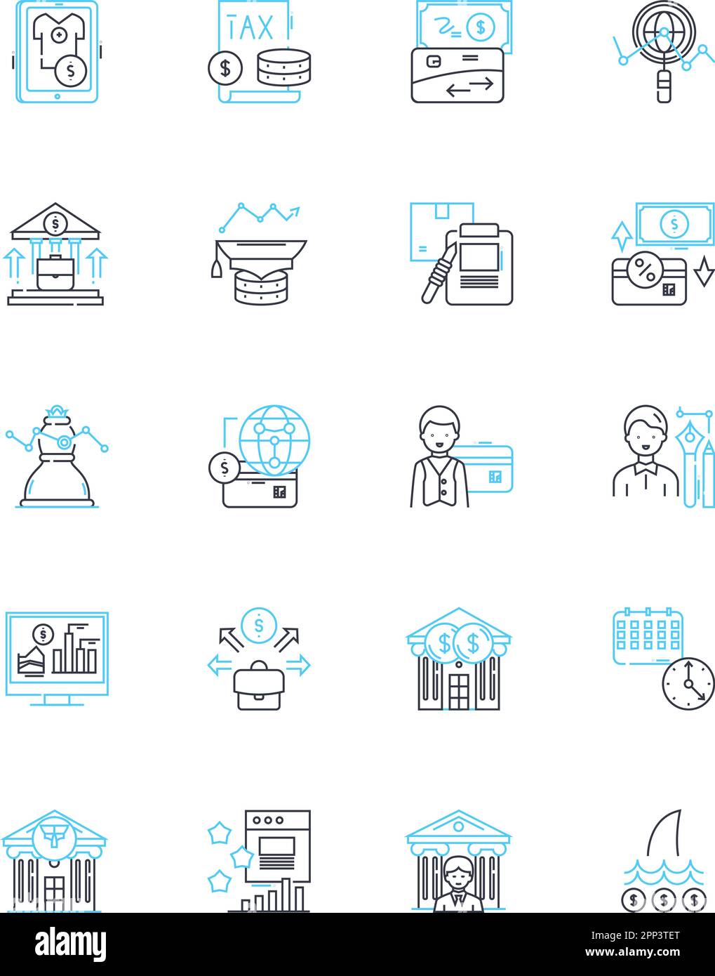 Icone lineari della politica fiscale. Bilancio, disavanzo, avanzo, tassazione, spesa pubblica, Ricavi, vettore di inflazione e segnali concettuali. Economico Illustrazione Vettoriale