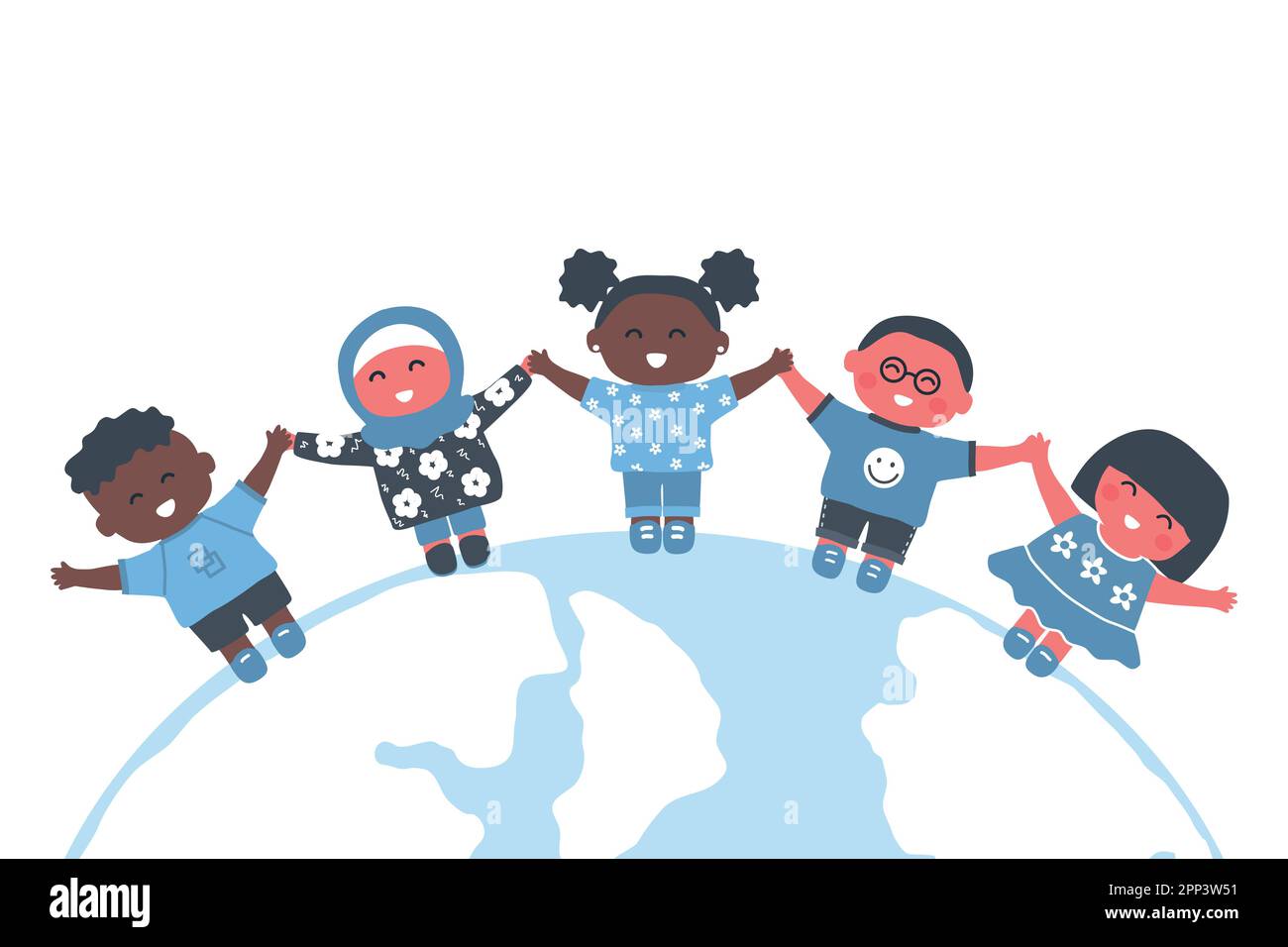 I bambini sono in piedi sul globo. Gruppo multiculturale di bambini che tengono le mani. Ragazze e ragazzi felici. Illustrazione vettoriale Illustrazione Vettoriale