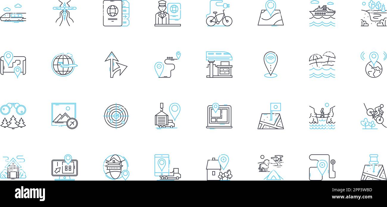 Set di icone lineari per il tracciamento della posizione. Geolocalizzazione, tracciamento, GPS, navigazione, Mappa, Posizionamento, vettore di linea di mobilità e segnali concettuali. Basato sulla posizione Illustrazione Vettoriale