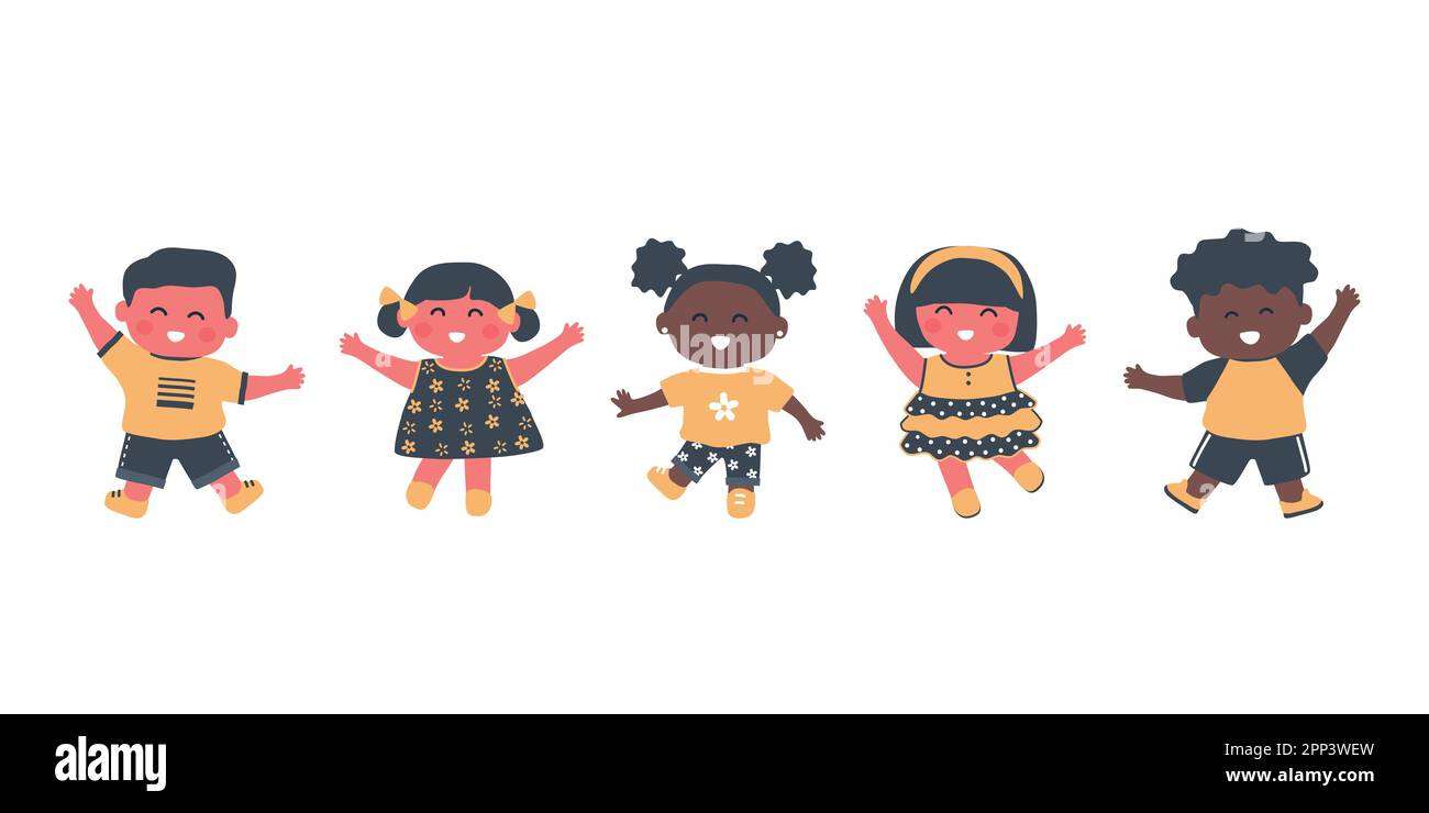 i bambini ballano. Gruppo multiculturale di bambini divertirsi. Ragazze e ragazzi felici. Simpatici personaggi dei cartoni animati. Illustrazione vettoriale Illustrazione Vettoriale