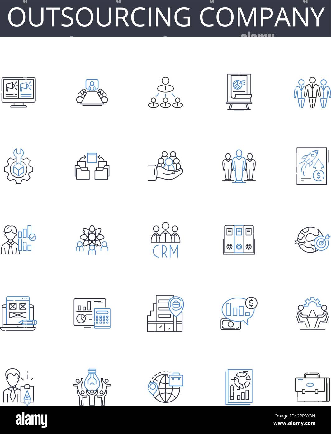 Outsourcing linea di raccolta icone società. Reattivo, intuitivo, Layout, navigazione, tipografia, Schema colori, grafica vettoriale e lineare Illustrazione Vettoriale