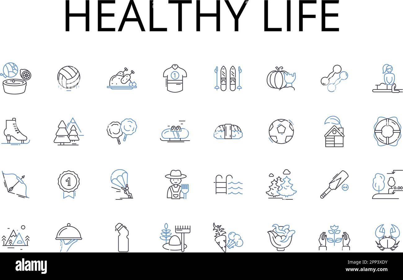 Collezione di icone linea di vita sana. Benessere, salute ottimale, vita sana, solidità, Fitness, Stile di vita nutriente, vettore di robustezza e. Illustrazione Vettoriale