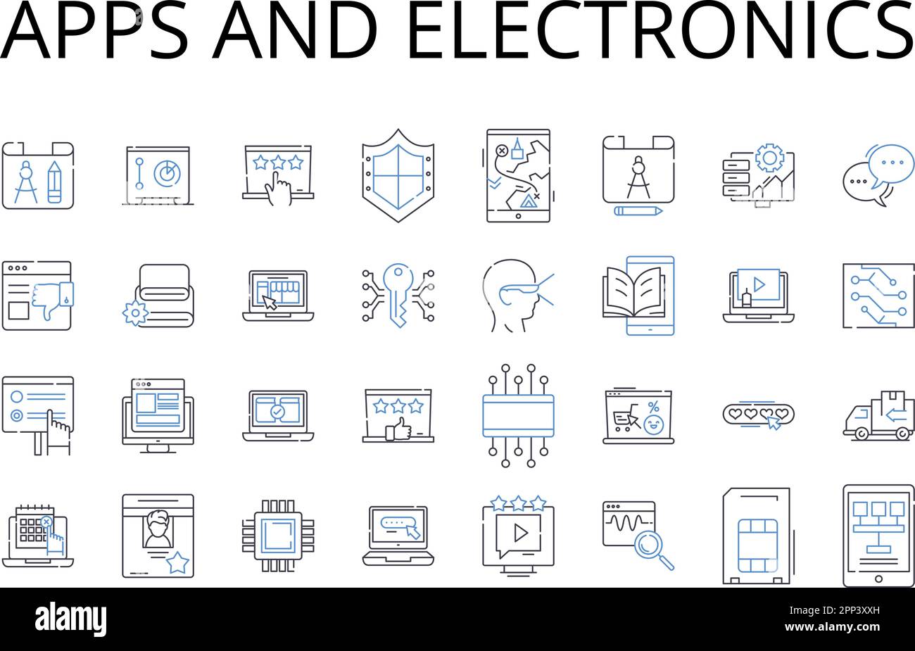 Raccolta di icone delle linee di applicazioni ed elettronica. Computer e dispositivi, veicoli e trasporti, Abbigliamento e abbigliamento, cibo e cucina, Musica e.. Illustrazione Vettoriale