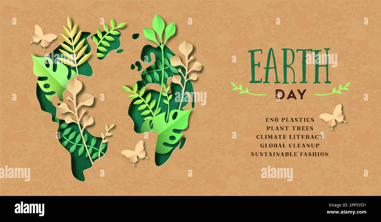 Immagine del banner della Giornata della Terra della mappa verde del mondo papercut con giardino a foglie di piante e farfalla. Ambiente cura concetto testo, fine plastica, pianta albero Illustrazione Vettoriale