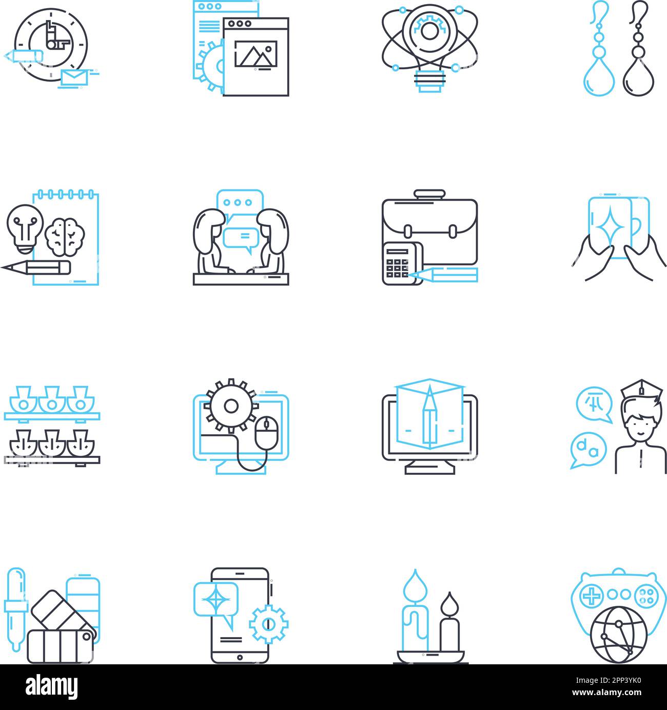 Set di icone lineari Virtual art. Digitale, virtuale, multimediale, aumentata, Cyber, D, vettore di linea interattivo e segnali concettuali. Proiezione,olografica Illustrazione Vettoriale