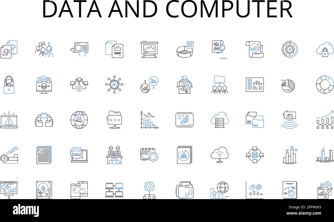 Raccolta di icone delle linee di dati e computer. Burocrazia, governance, legislazione, regolamento, politica, Mandato, vettore di autorità e illustrazione lineare Illustrazione Vettoriale