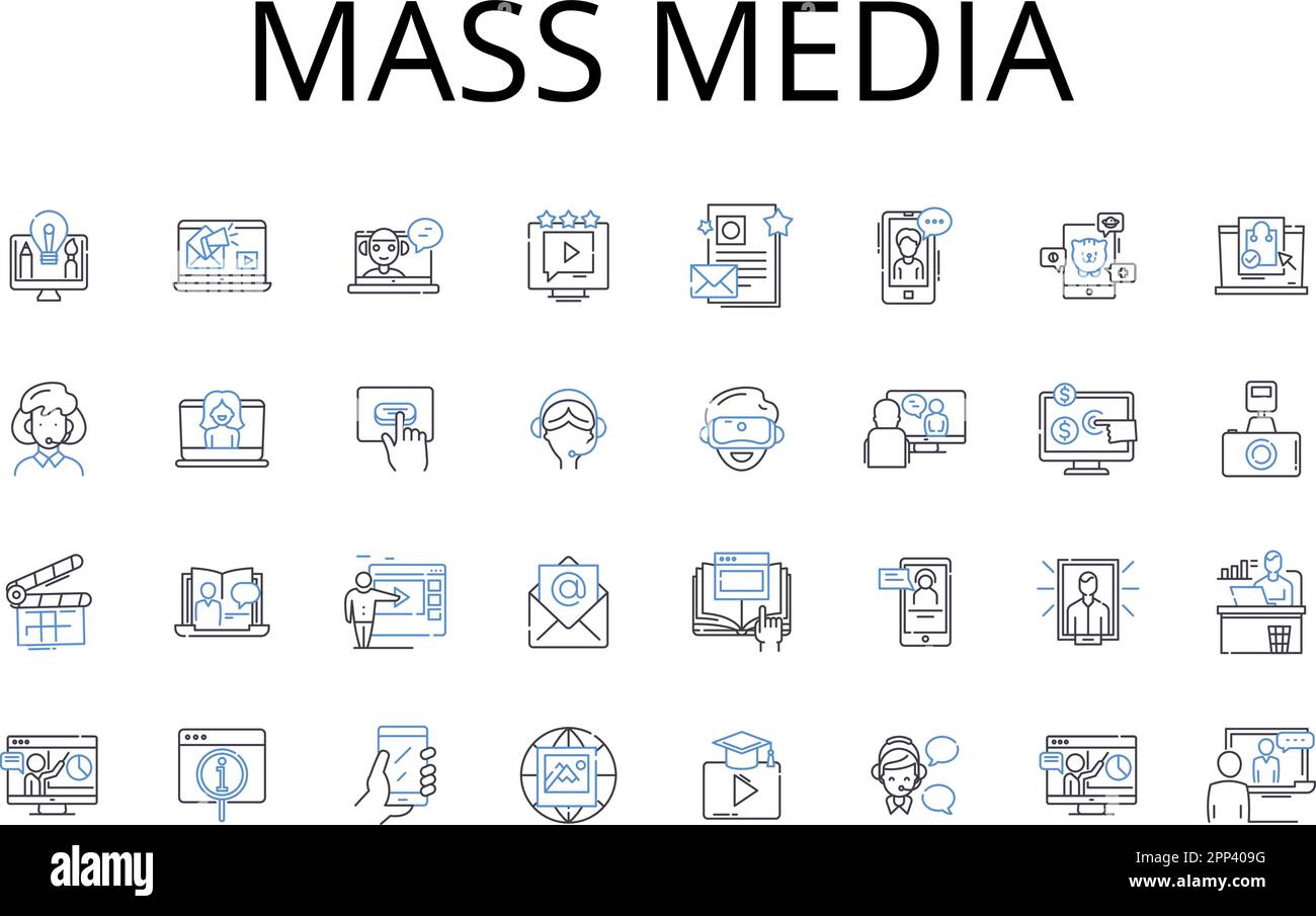 Raccolta di icone della linea dei mass media. Social media, Stampa, Media digitali, Visual media, Broadcast media, Media di notizie, vettore di media di intrattenimento e. Illustrazione Vettoriale