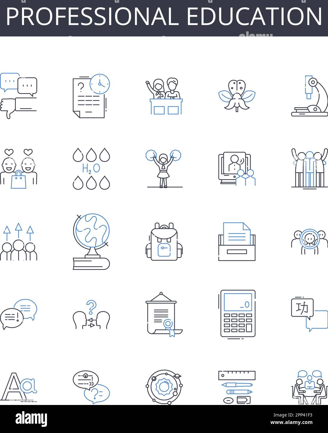 Collezione di icone della linea di formazione professionale. Istruzione superiore, formazione di esperti, formazione tecnica, Studi avanzati, Studi laureati, Specializzato Illustrazione Vettoriale