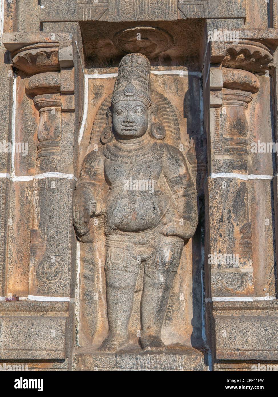 Sul gopuram del tempio Nataraja sono scolpiti idoli, uno dei cinque templi più sacri di Shiva, ognuno dei quali simboleggia uno dei cinque elementi della natura Foto Stock