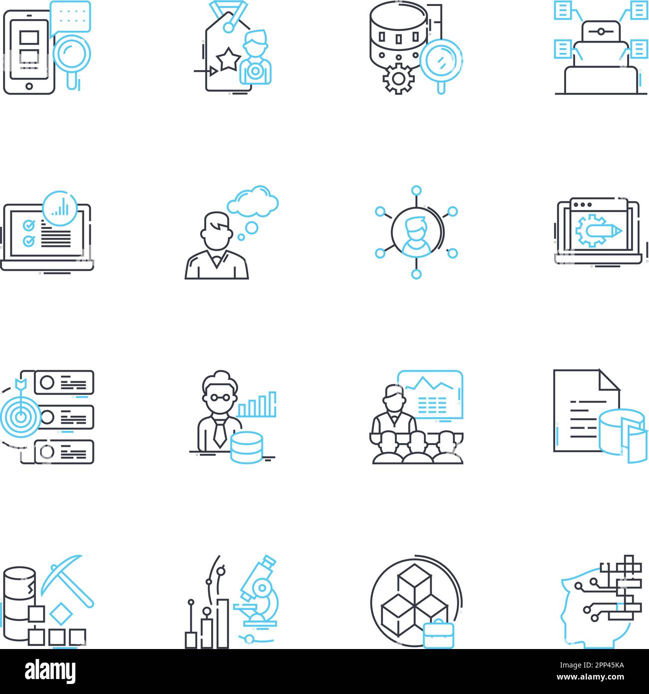 Esaminare il gruppo di icone lineari. Analizza, ricerca, esamina, Proporsi, Studio, Ricerca, ispezione vettore di linea e segnali concettuali. Scrutinio, scavo, esplorare contorno Illustrazione Vettoriale