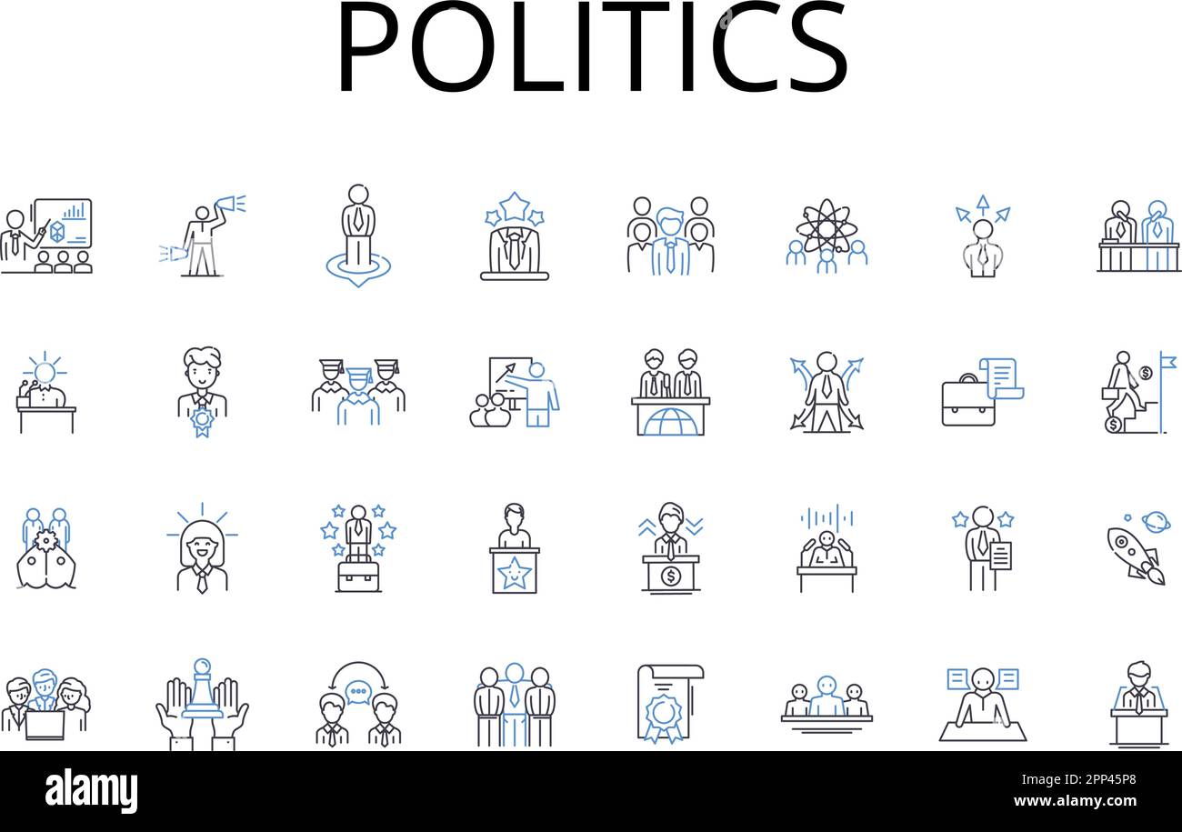 Collezione icone linea politica. Affari governativi, statecraft, Affari pubblici, società civica, scienza politica, Interesse nazionale, Politica pubblica Illustrazione Vettoriale