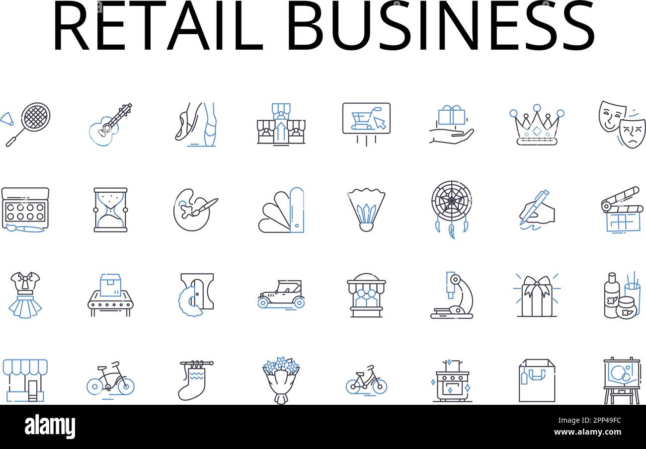 Collezione di icone della linea di business retail. Commercio all'ingrosso, industria dell'abbigliamento, Servizio alimentare, mercato online, e-commerce, Settore alberghiero, cliente Illustrazione Vettoriale