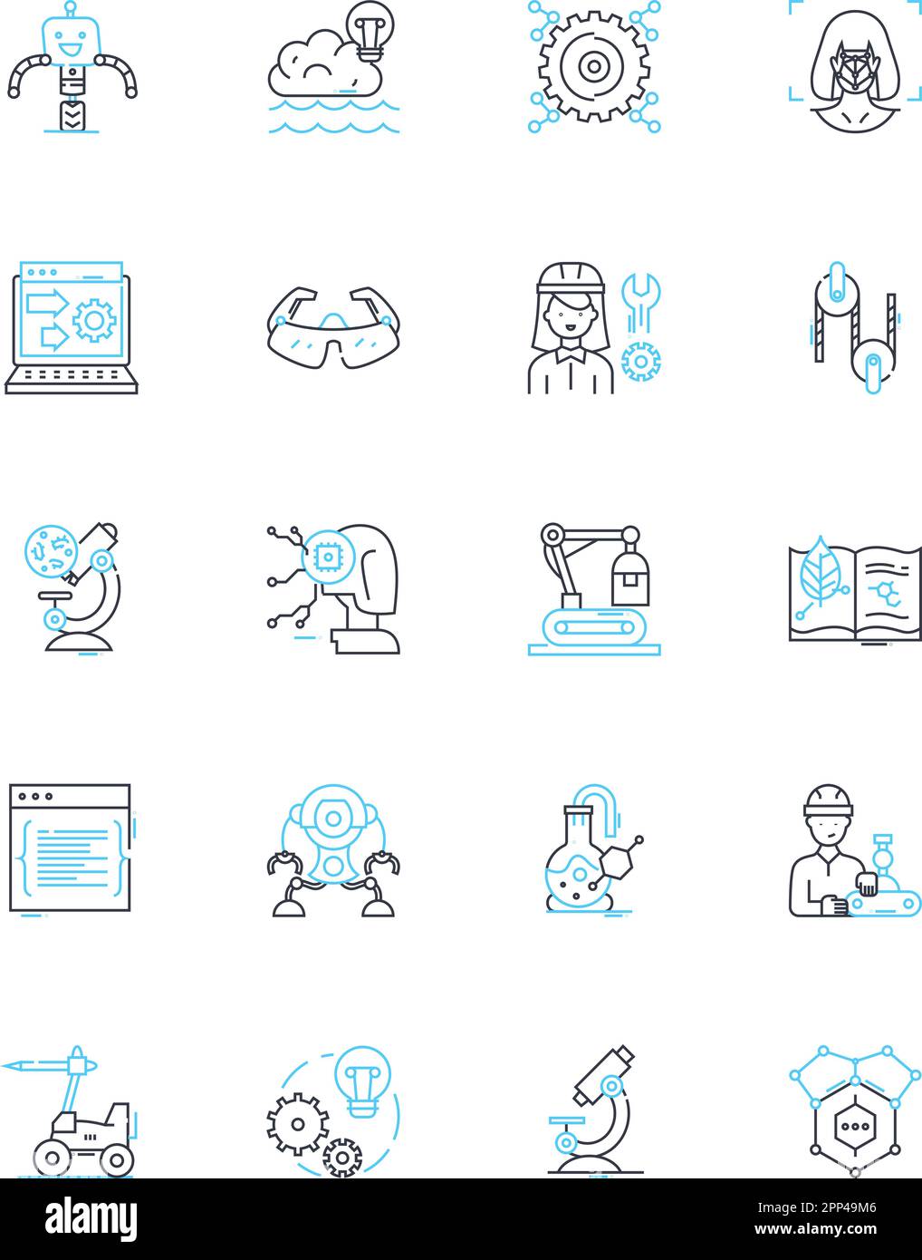 Set di icone lineari per macchinari innovativi. Automazione, robotica, precisione, all'avanguardia, futuristica, Segnali vettoriali e concettuali avanzati ed efficienti Illustrazione Vettoriale