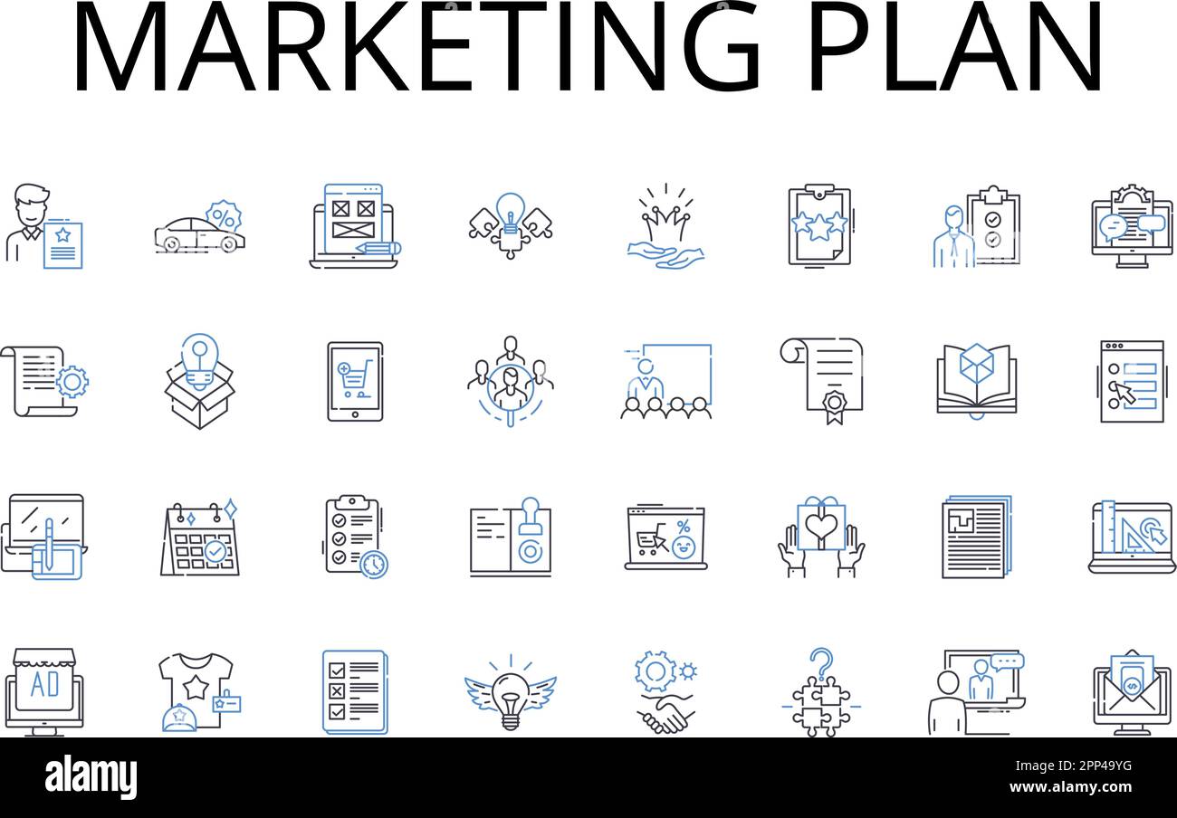 Marketing piano linea icone raccolta. Presentazione delle vendite, programma pubblicitario, tecnica promozionale, strategia del marchio, campagna pubblicitaria, Posizionamento del prodotto Illustrazione Vettoriale
