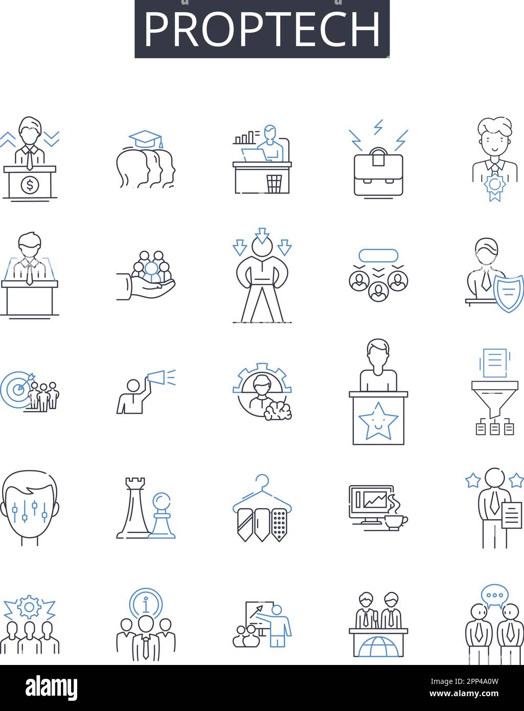 Collezione icone linea Proptech. Tecnologia immobiliare, tecnologia immobiliare, tecnologia proprietaria, tecnologia edile, tecnologia edile, Struttura Illustrazione Vettoriale