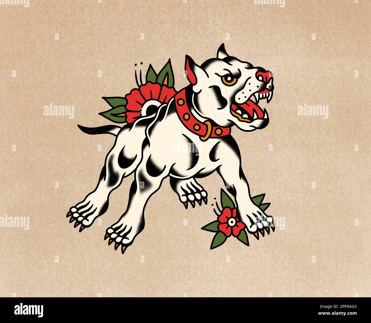 Vecchio stile tatuaggio scuola arte disegno cane vizioso con fiori su sfondo di carta vecchia Foto Stock