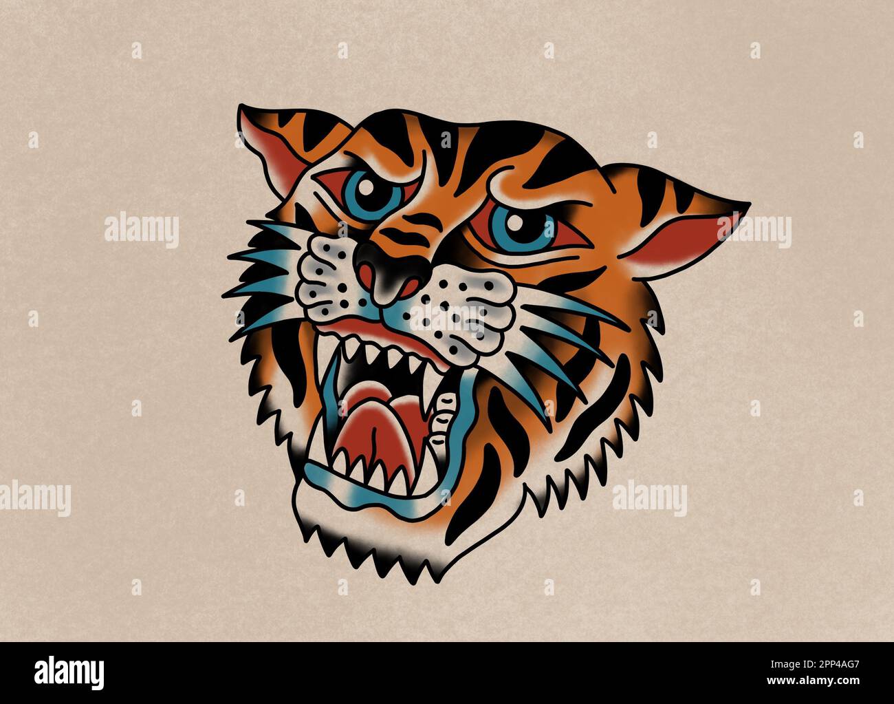 Tatuaggio vecchio stile di arte disegno ruggente testa tigre su vecchio sfondo di carta Foto Stock