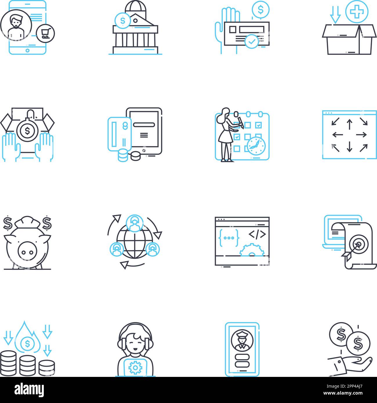 Set di icone lineari per il finanziamento del governo. Sovvenzioni, sovvenzioni, prestiti, bilancio, allocazione, Appropriazione, vettore di linea fiscale e segnali concettuali. Investimento Illustrazione Vettoriale