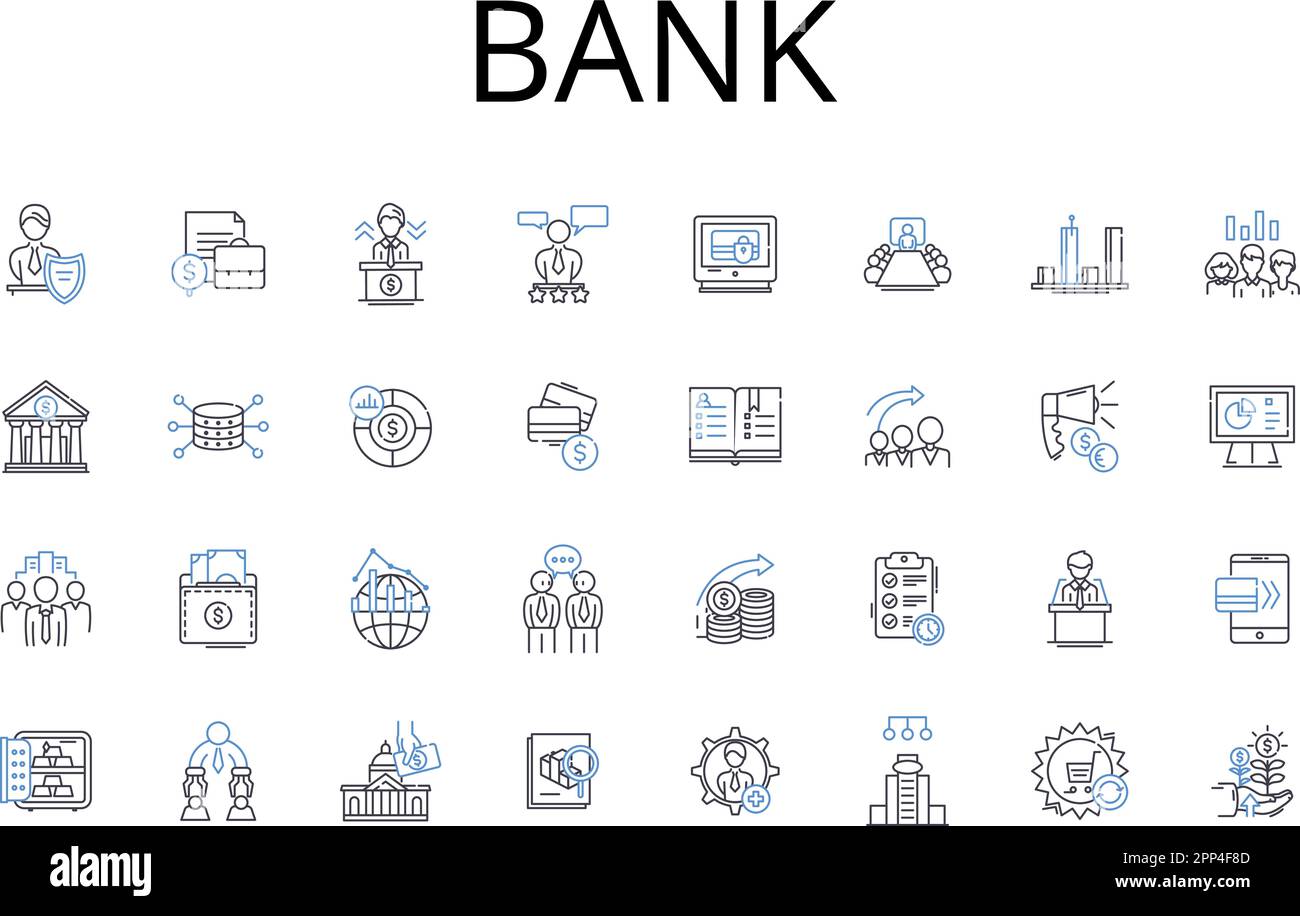 Collezione di icone della linea di banca. Istituzione finanziaria, il mio prestatore, Unione di accreditamento, risparmio e prestito, banca di Thrift, Società di investimento, vettore società di brokeraggio Illustrazione Vettoriale