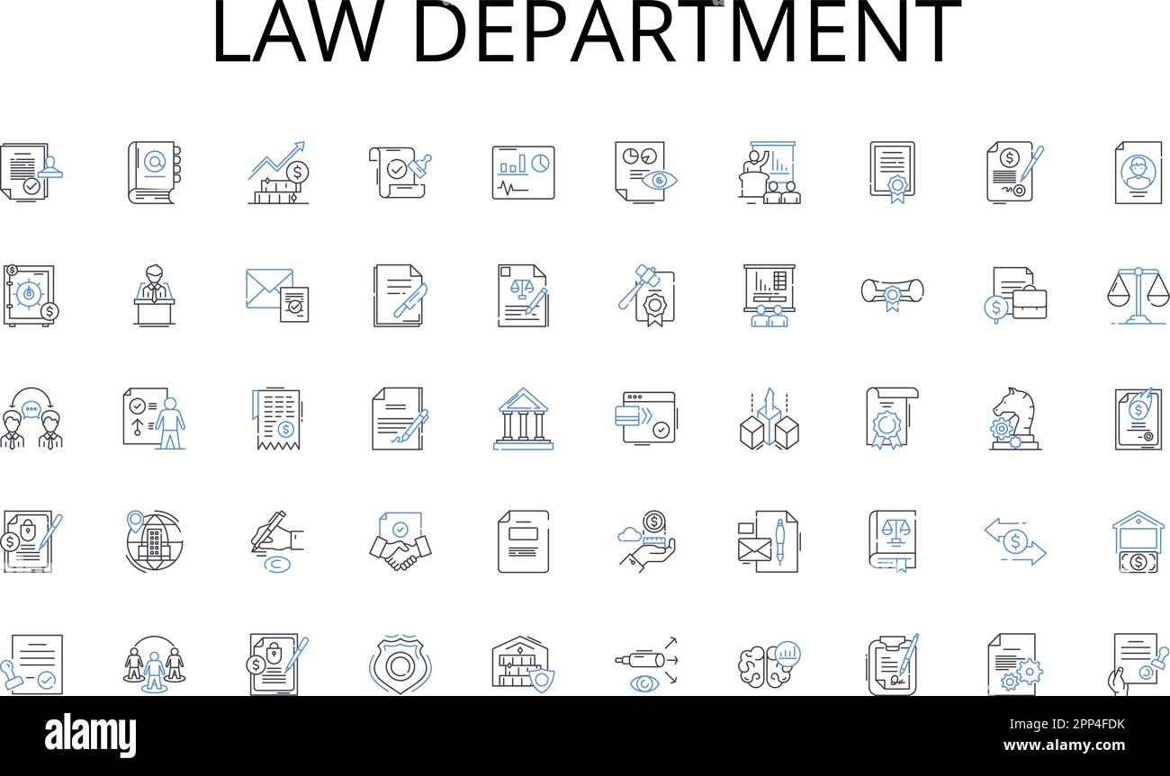 Collezione di icone della linea del dipartimento di diritto. Montaggio , produzione , lavorazione , fabbricazione , taglio , Unione , vettore di fusione e illustrazione lineare Illustrazione Vettoriale