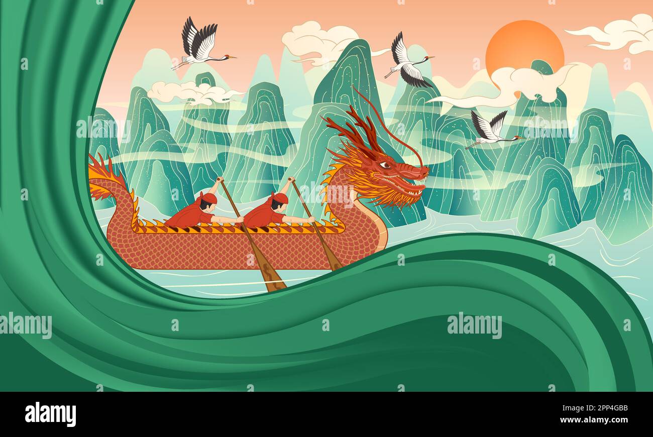 Illustrazione vettoriale del canottaggio del drago durante il tradizionale Dragon Boat Festival in Cina Illustrazione Vettoriale