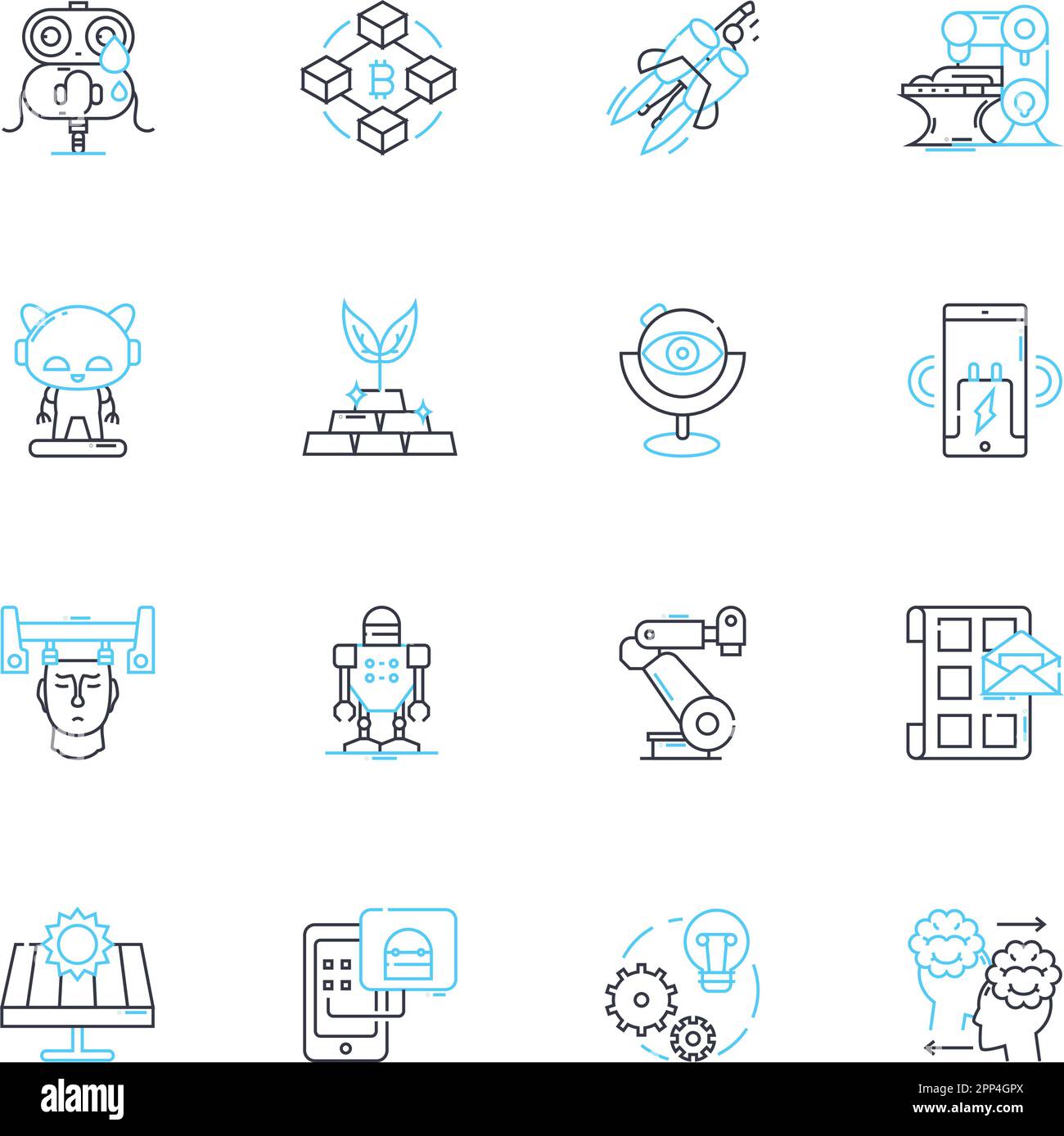 Set di icone lineari per macchinari cognitivi. Cognizione, cervello, intelligenza artificiale, apprendimento automatico, Neural Nerks, Percezione, vettore di linea di attenzione e. Illustrazione Vettoriale