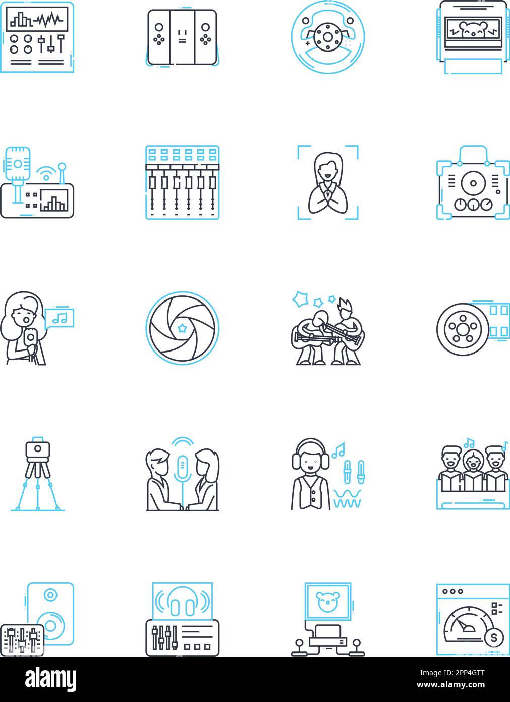 Set di icone lineari per la registrazione di musica. Studio, Produttore, miscelazione, Mastering, attrezzatura, Campionamento, vettore di linea Microphs e segnali concettuali. DAW,sessione Illustrazione Vettoriale
