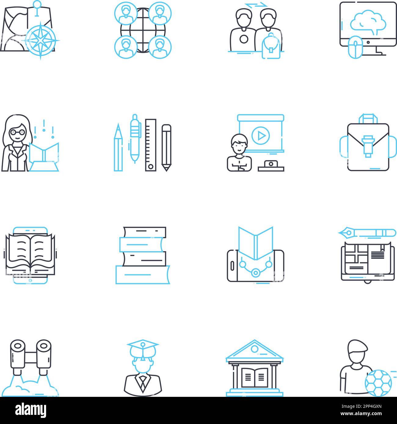 Set di icone lineari per l'istruzione online. E-learning, Webinar , formazione a distanza, MOOC, classi virtuali, Edtech, classi online vettore di linea e concetto Illustrazione Vettoriale