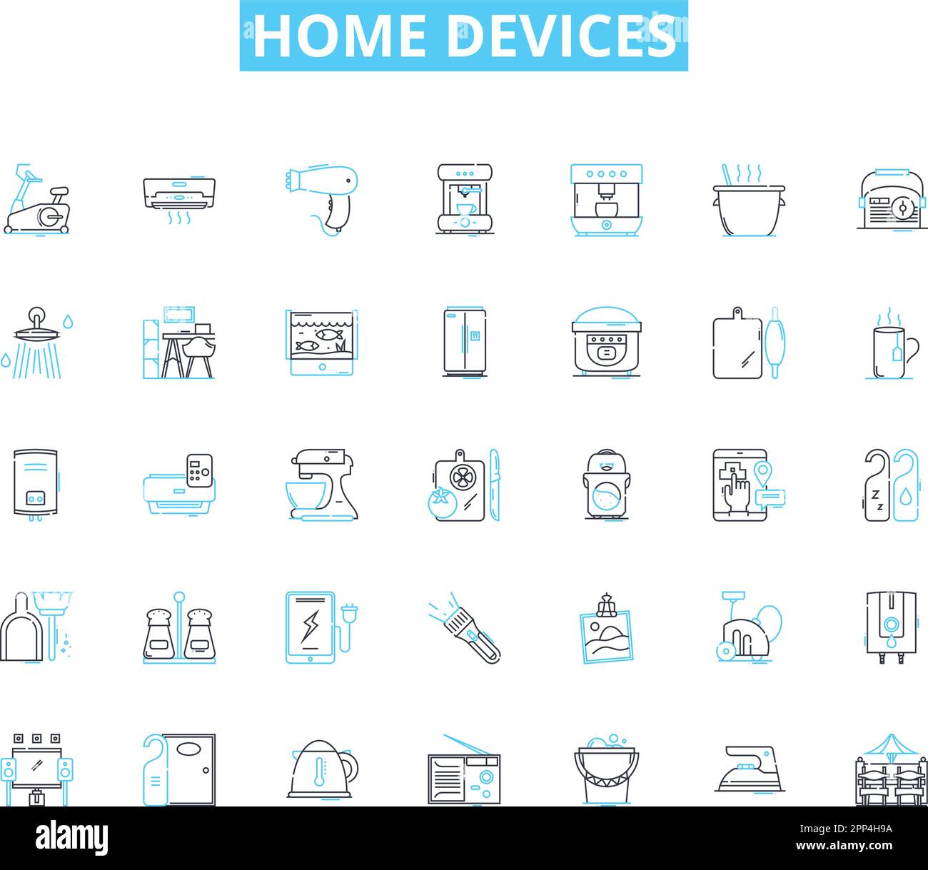 Set di icone lineari per dispositivi domestici. Intelligente, automazione, sicurezza, efficienza, connesso, Segnaletica concettuale e vettoriale a risparmio energetico. Comfort Illustrazione Vettoriale