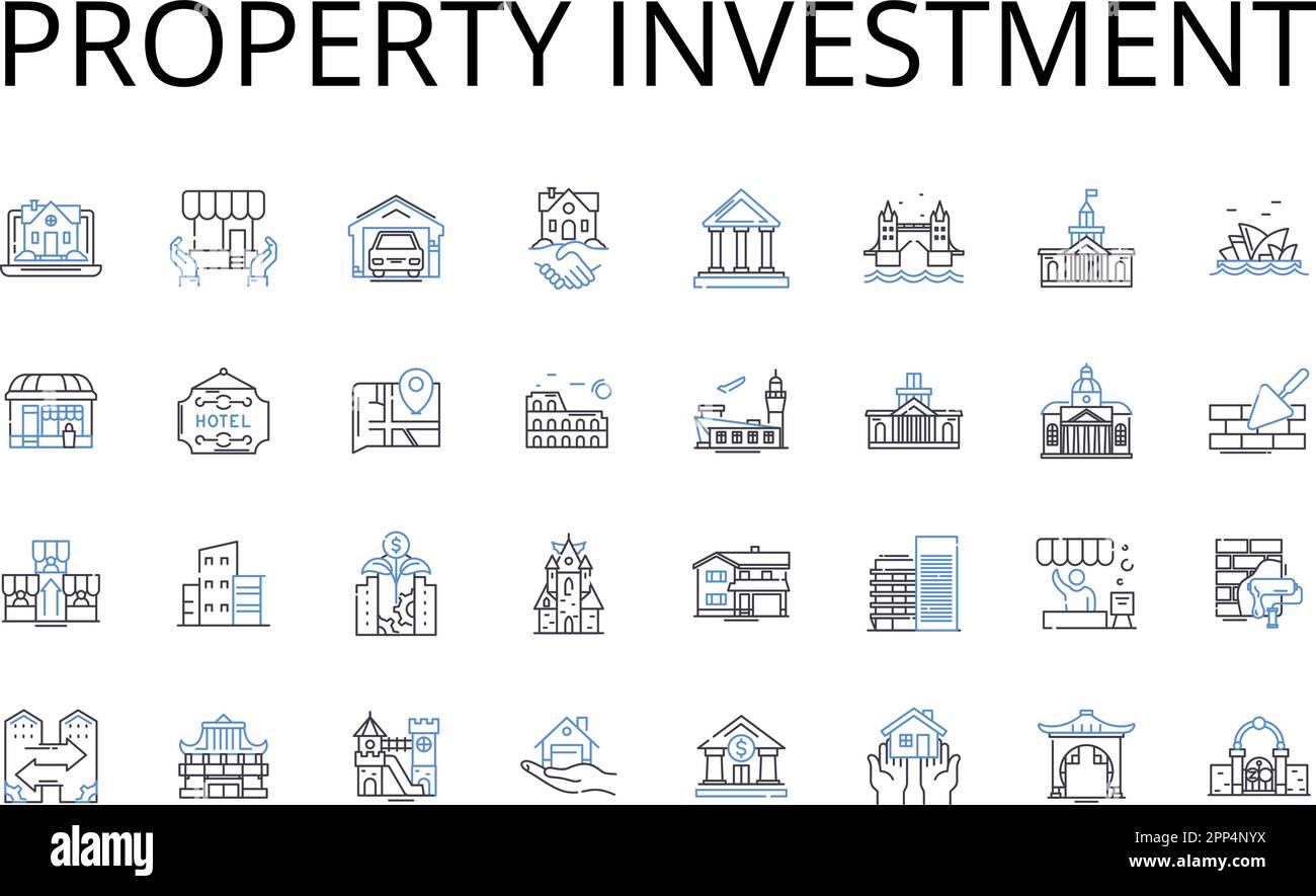 Collezione icone linea di investimento immobiliare. Immobiliare, Acquisto di terreni, Acquisto di abitazioni, acquisizione di asset, strategia di investimento, Crescita del capitale, reale Illustrazione Vettoriale