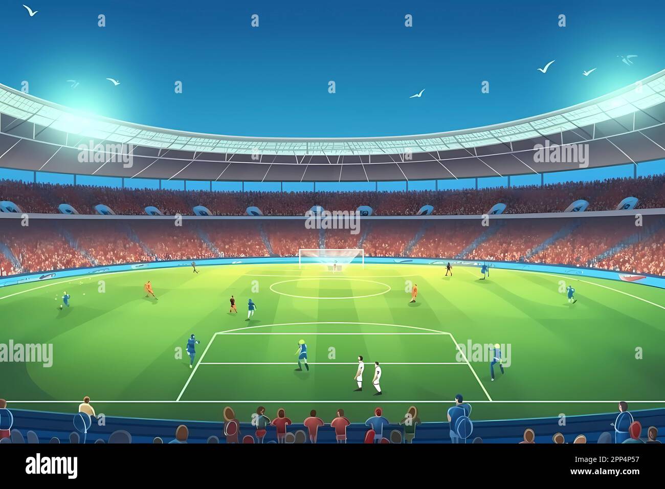 Uno stadio di calcio con uno stadio con tetto rosso e bandiera blu e bianca  Foto stock - Alamy