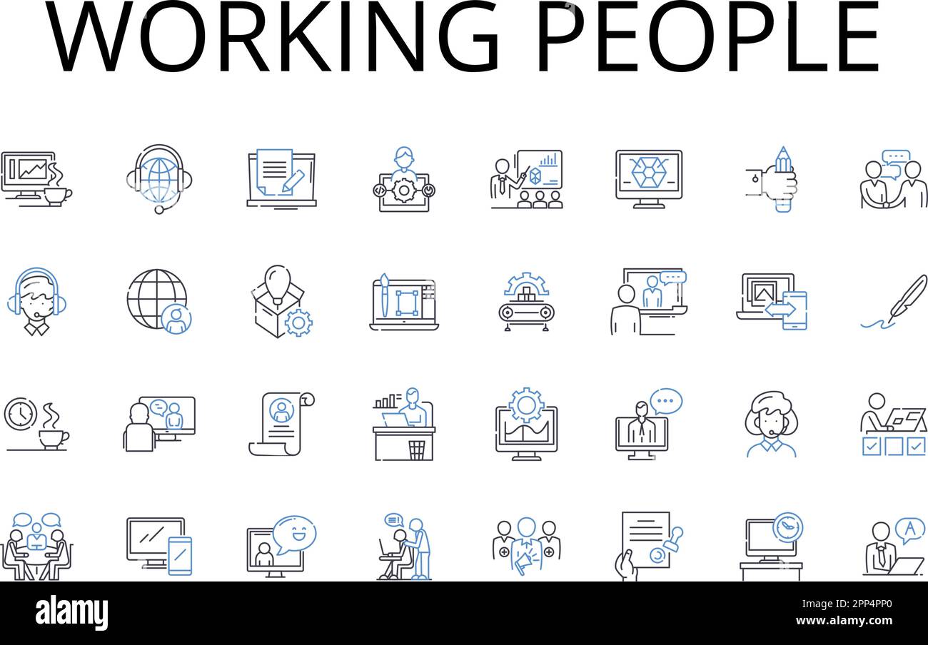 Collezione di icone della linea persone da lavoro. Persone attive, corpi di lavoro, lavoratori, forza lavoro, base di dipendenti, Lavoratori duri, dipendenti diligenti vettoriali e lineari Illustrazione Vettoriale