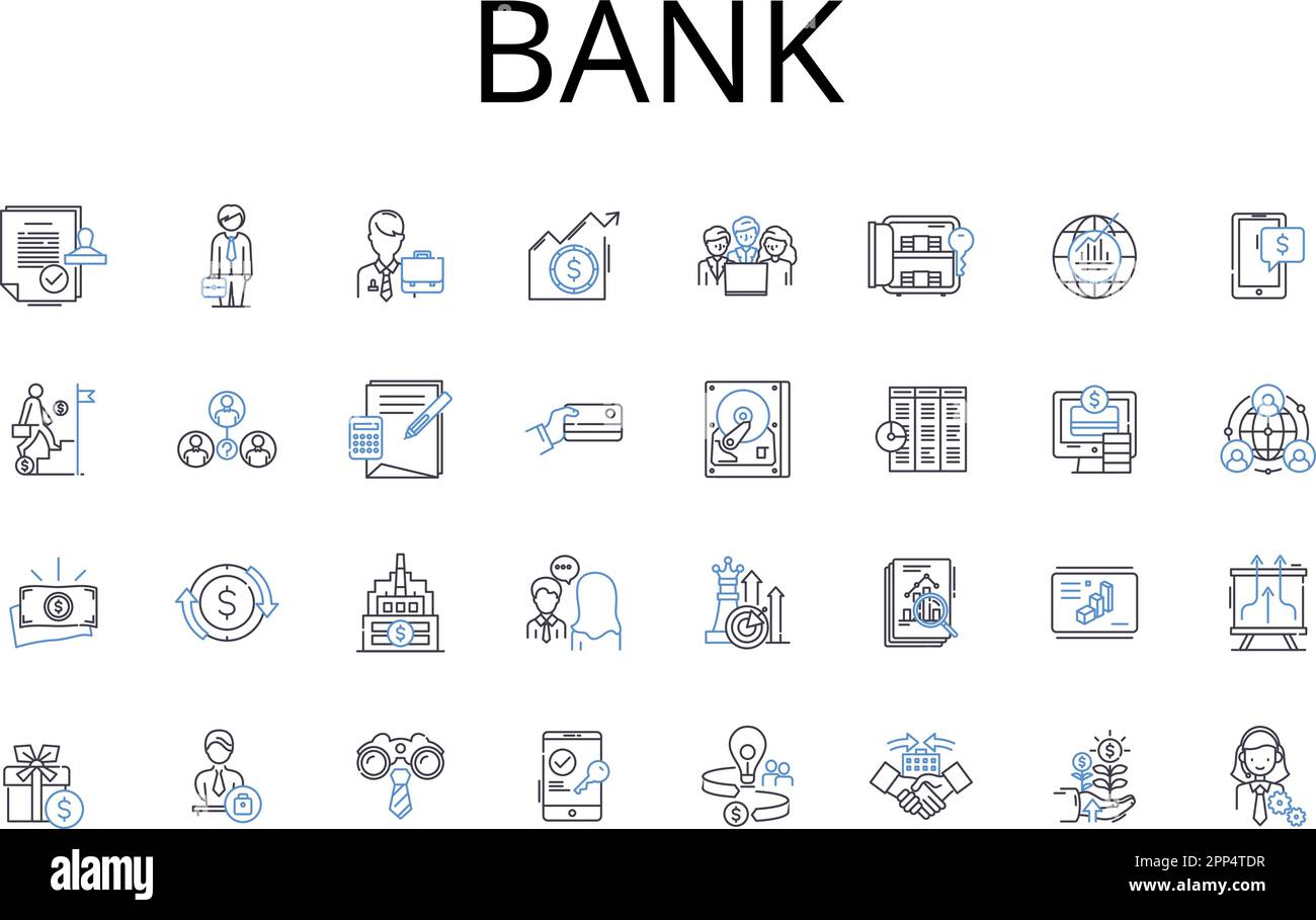 Collezione di icone della linea di banca. Istituzione finanziaria, il mio prestatore, Unione di accreditamento, risparmio e prestito, banca di Thrift, Società di investimento, vettore società di brokeraggio Illustrazione Vettoriale