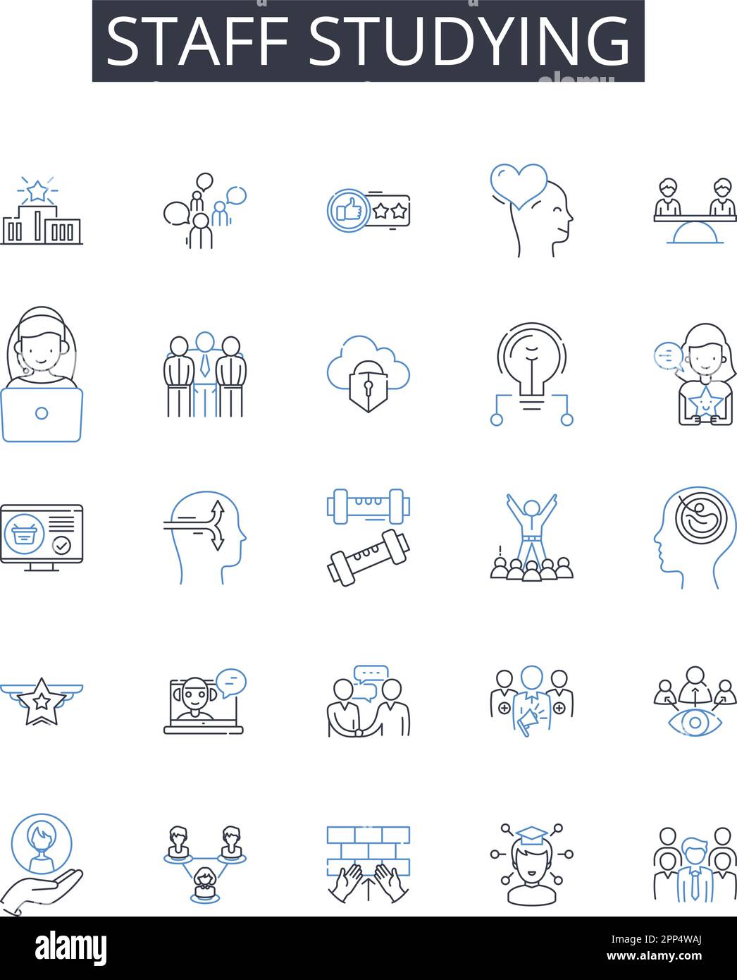 Personale che studia la collezione di icone di linea. Apprendimento dei dipendenti, formazione del team, formazione del personale, ricerca del personale, analisi della forza lavoro, Squadra di lavoro, personale Illustrazione Vettoriale