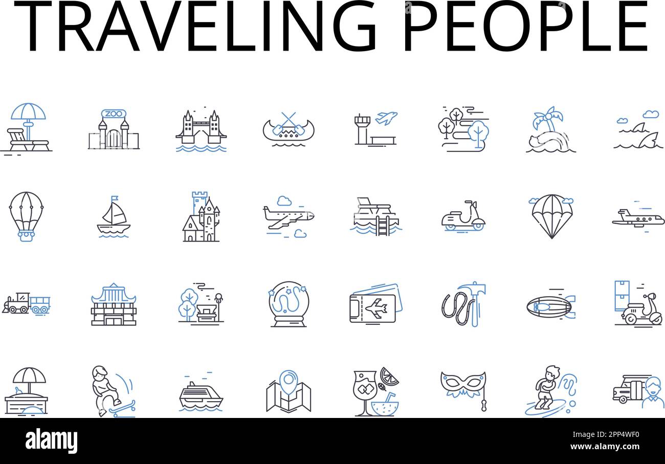 Collezione icone linea persone in viaggio. Nomadi in roaming, appassionati di Wanderlust, esplorando i viaggiatori, turisti avventurosi, viaggiatori Jet-setting Illustrazione Vettoriale