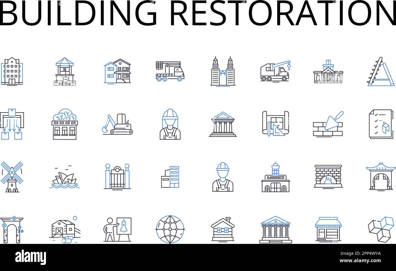 Collezione icone linea restauro edifici. Ristrutturazione di abitazioni, ristrutturazione di strutture, ristrutturazione di proprietà, riabilitazione di strutture, infrastrutture Illustrazione Vettoriale