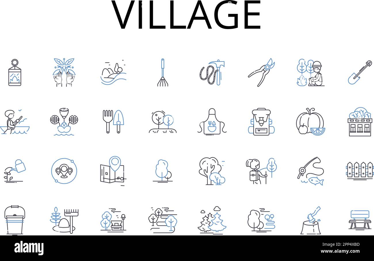 Villaggio linea icone collezione. Borgo, piccola città, comunità rurale, insediamento, campagna, Avamposto, vettore di Colonia e illustrazione lineare. Township Illustrazione Vettoriale