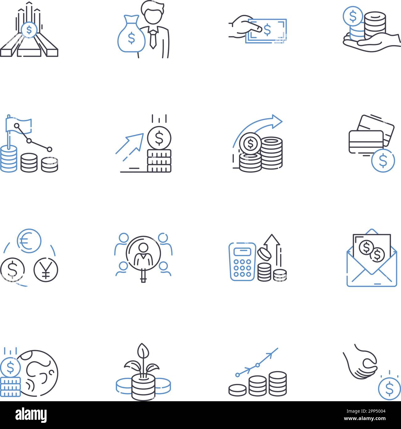 Collezione icone linea ala di investimento. Portafoglio, diversificazione, titoli, obbligazioni, azioni, Fondi comuni di investimento, vettore di fondi Hedge e illustrazione lineare Illustrazione Vettoriale