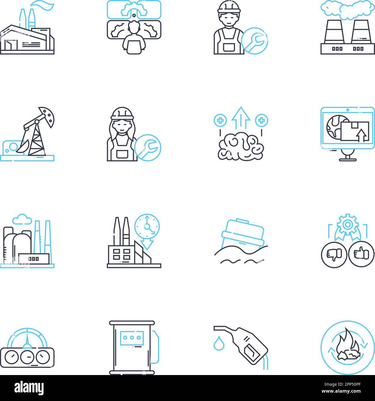 Set di icone lineari automatizzate del settore. Robotica, automazione, assemblaggio, produzione, produzione, Controllo, vettore di linea di lavorazione e segnali concettuali Illustrazione Vettoriale