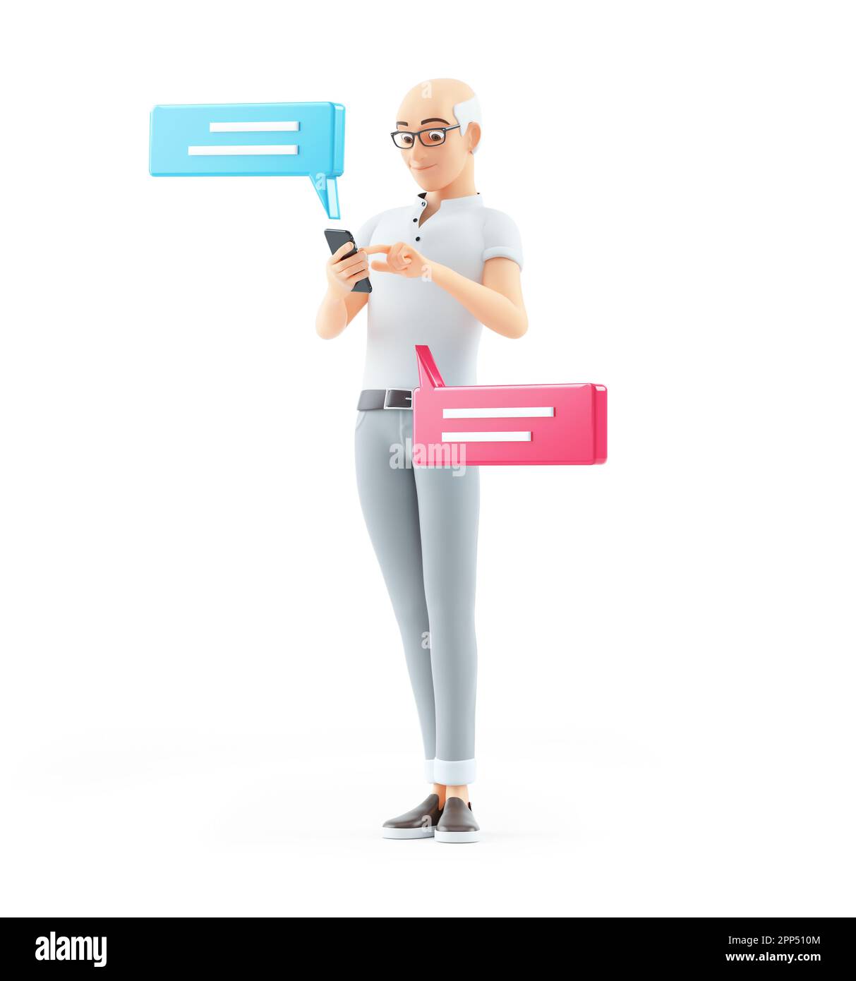 3d uomo anziano che invia messaggi di testo con lo smartphone, illustrazione isolata su sfondo bianco Foto Stock