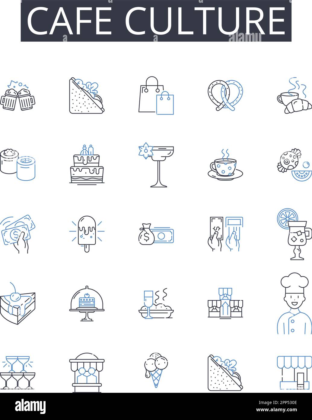 Collezione di icone della linea di cultura del caffè. Scena gastronomica, stile urbano, Street fashion, cultura musicale, comunità artistica, Vita notturna, vettore di cultura della spiaggia e. Illustrazione Vettoriale