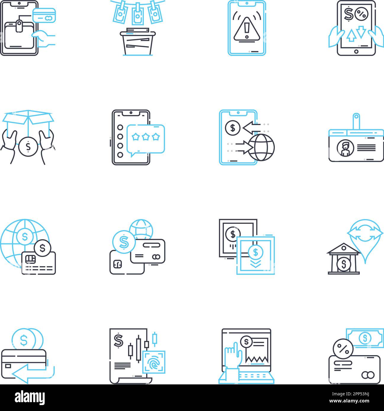 Set di icone lineari per il digital banking. FinTech, Mobile, Contactless, innovazione, sicurezza, Criptovaluta, vettore di linea senza contanti e segnali concettuali Illustrazione Vettoriale